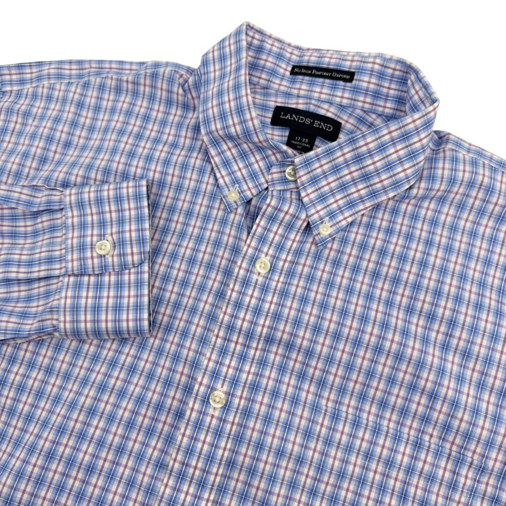 Lands' End Dress Shirt Mens 17-35 Blue Plaid No Iron Pinpoint Oxford Traditional